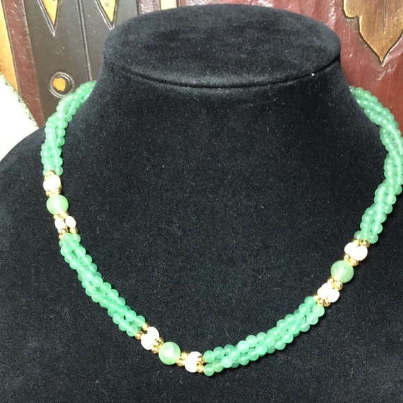 Semiprecious Stone Adventurine Pearl Gold Tone Accent Bead  Necklace 18”L EVC - Picture 2 of 7